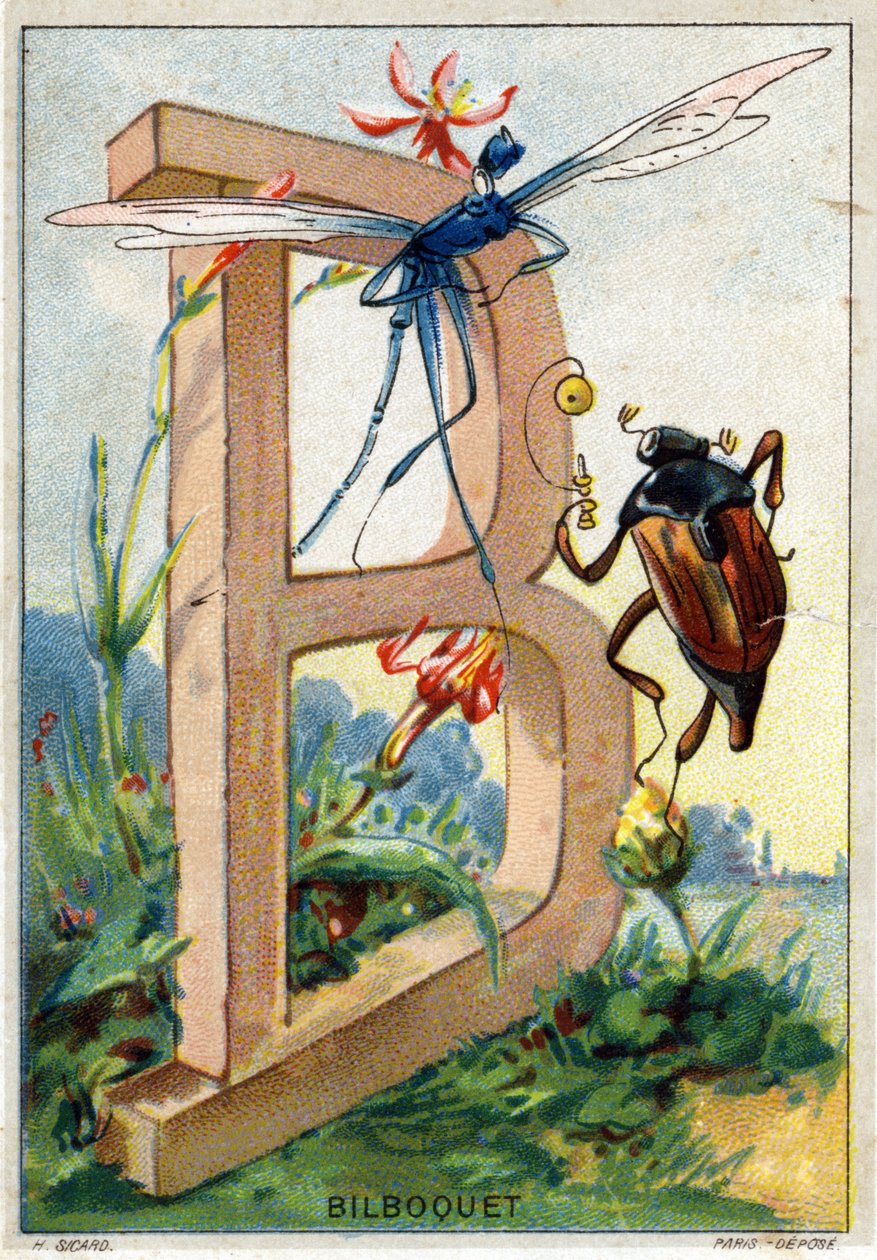 Bogstav B ligesom Bilboquet. Mr. Mariniers kunstneriske alfabet. Redigeret af Henry Sicard, slutningen af det 19. århundrede. Reklamekromolitografier for produkter, der sælges på apoteker. Mål: 12,5 x 9 cm af Unbekannt