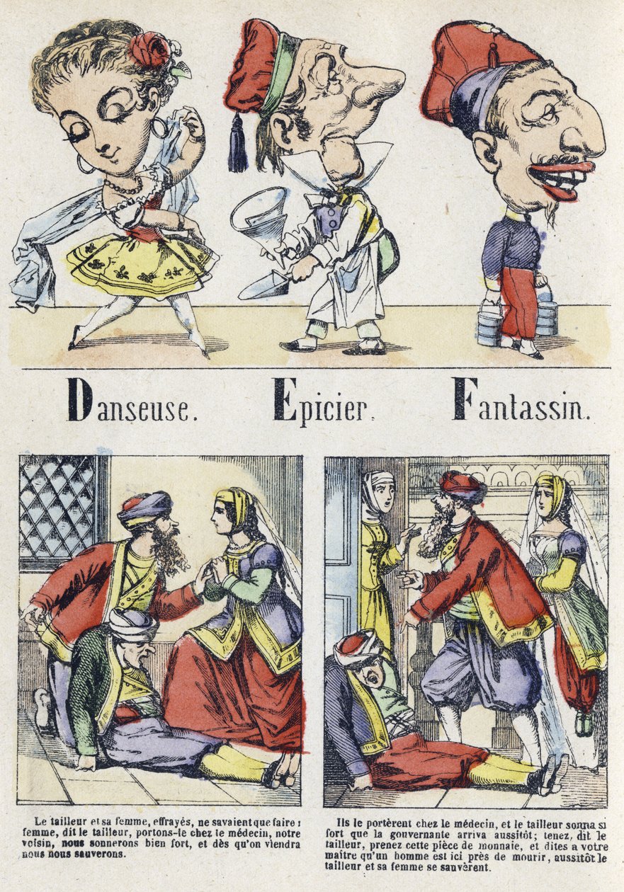 Bogstav D, E og F: danser, købmand og infanteri. Alfabet af den østlige fortælling. Billeddannelse af Epinal, omkring 1890. Populær serie. Lille hæfte på 8 sider. Mål: 205x150mm. Stencilerede træstik med temaet metier af Unbekannt