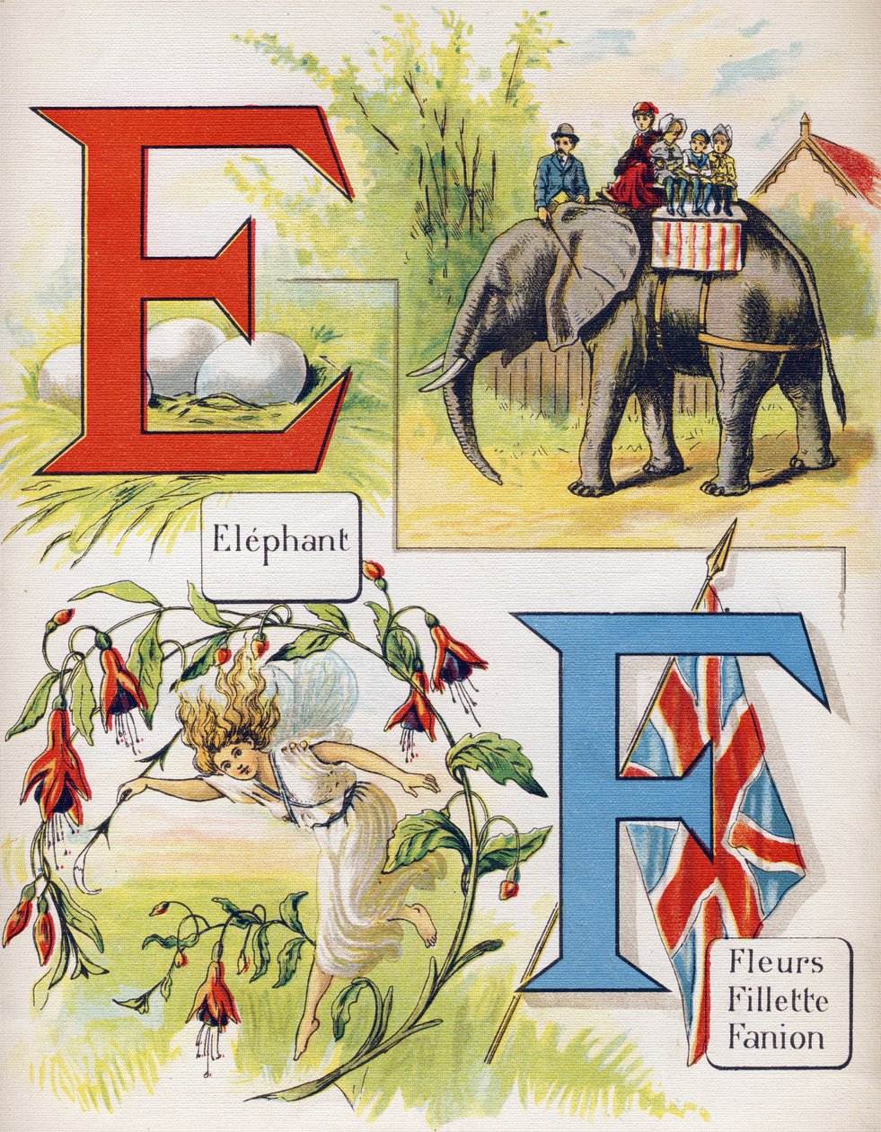 Bogstav E og F: elefant og blomster, pige, vimpel. Indgravering i "ABC L
