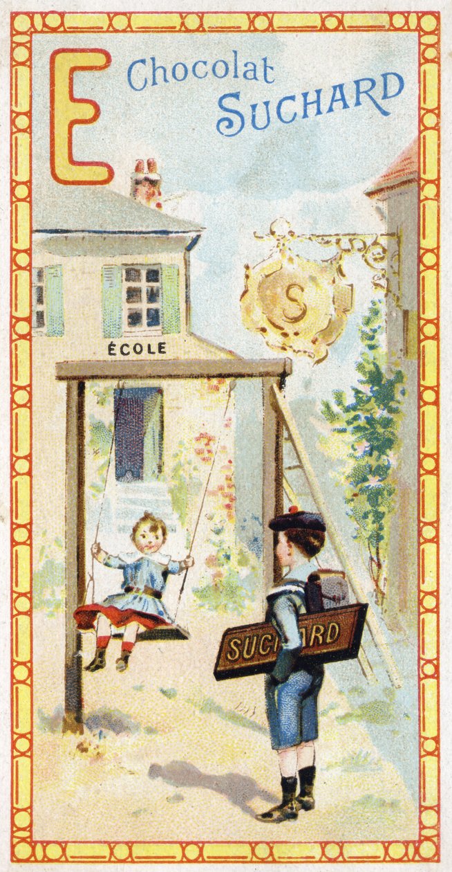 Bogstav E: skole, børn, escarpolette, badge, skilt, indgang, stige, skoledreng. Indgravering af alfabetet redigeret af Chocolat Suchard, begyndelsen af det 20. århundrede. 24 kromolitografier, der repræsenterer steder, karakterer og genstande, der skal opd af Unbekannt