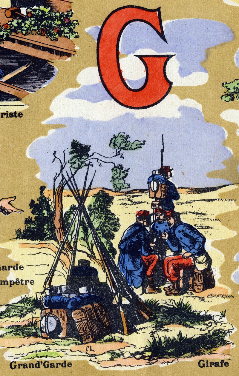 Bogstav G som hærens store garde. Iphabet illustrerer. Billeder genforenet i Jarville-Nancy, begyndelsen af det 20. århundrede. Mål: 40 x 29 cm. Litografi på bistre baggrund af Unbekannt