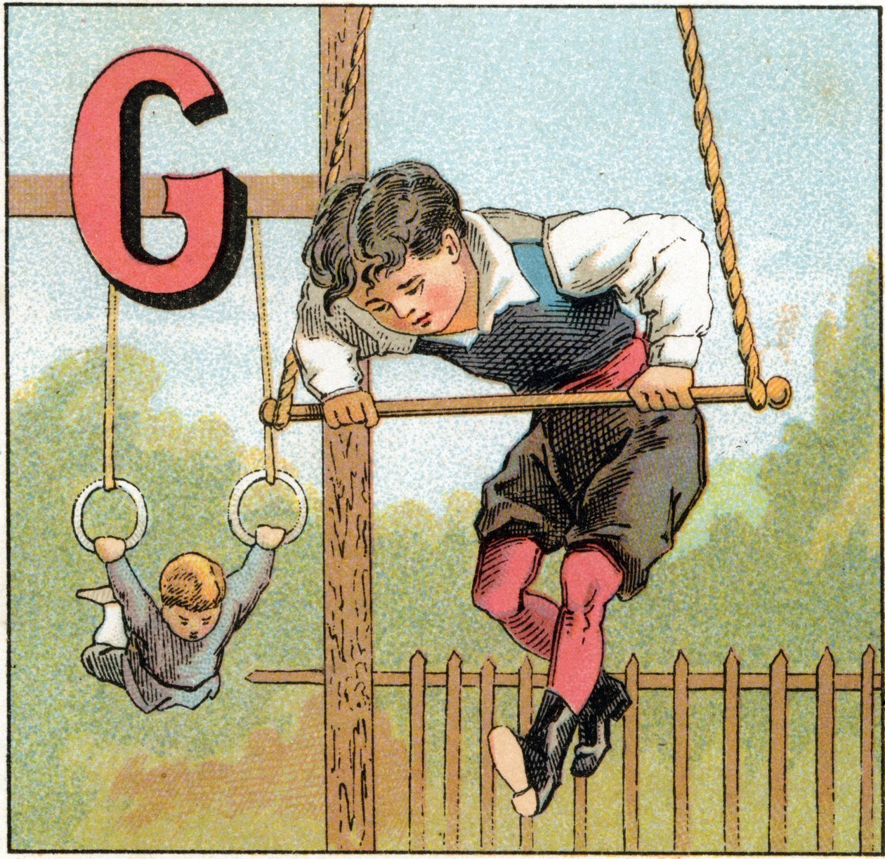 Bogstav G for gymnastik. Indgravering i "Alphabet des petits ecoliers". Billeddannelse af Epinal, ca. 1885. Privee Collection af Unbekannt