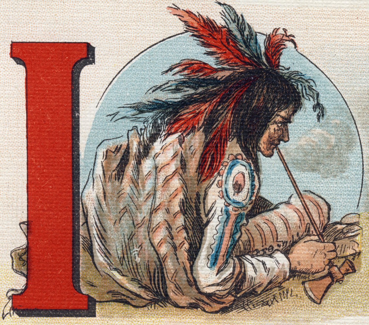 Bogstav I: Amerikansk indianer. Indgravering i "Alphabet de ma petite fille". Bernardin-Bechet og Fils, boghandler-forlag, Paris, omkring 1895. Ubrydeligt album på lærred. Bibliotheque des Bebes. 12 sider. Album indeholdende en læsemetode og en illustrativ af Unbekannt