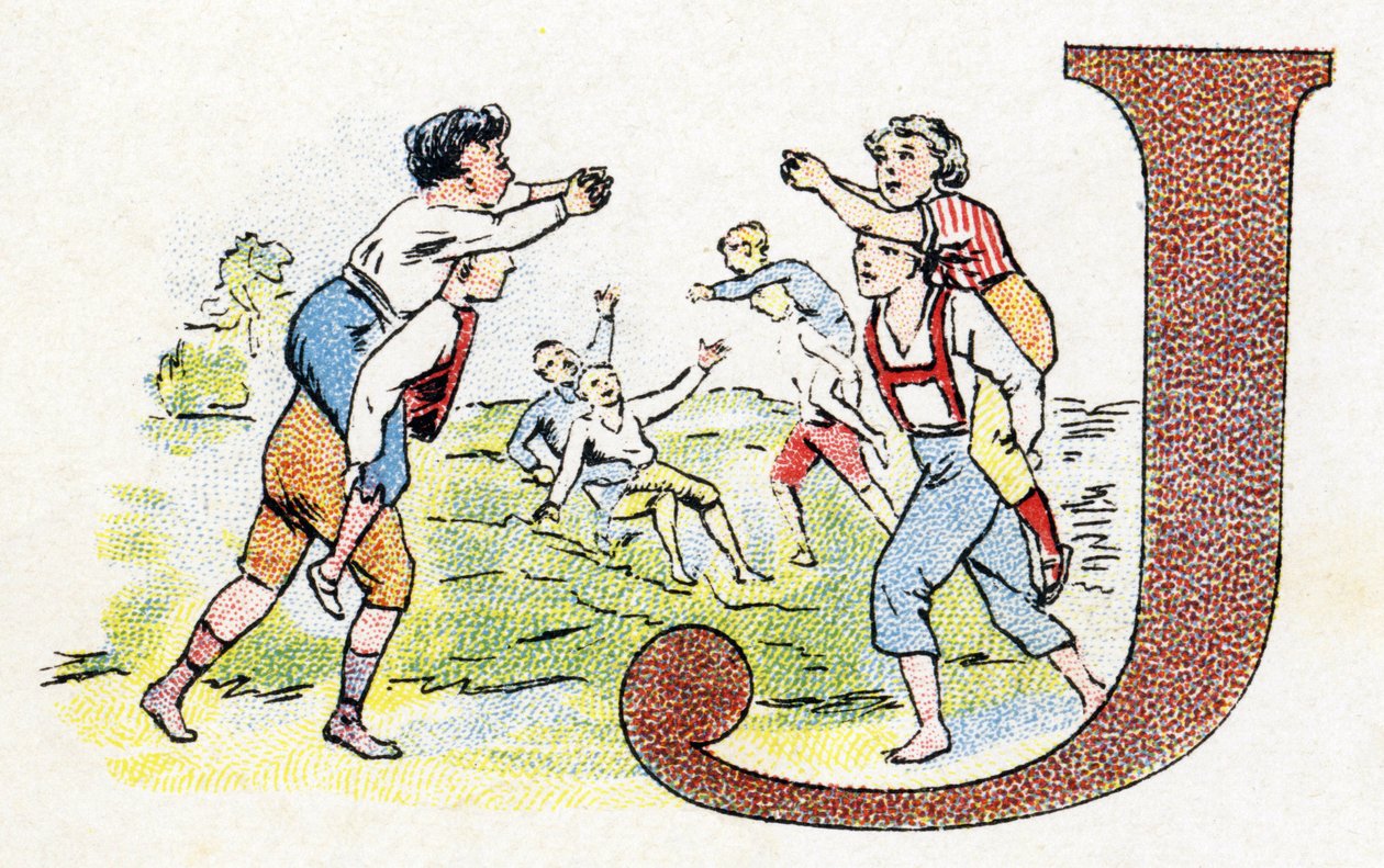 Bogstav J: Spil. Alfabet af Phosphatine Falieres. Gravering. Brevete alfabet S.G.D.G. af apoteker Pierre Emile Falieres. Illustrationer i kromolitografi, slutningen af 1800-tallet. 16 sider. Mål: 103x154mm af Unbekannt