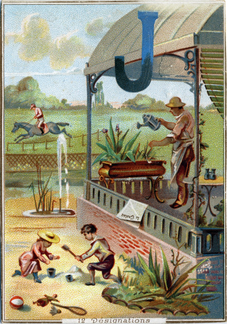 Bogstav J: have; spil; legetøj; jockey; gartner; gartner; kikkert; Jet; avis. Alfabet . I hvert billede er der en række berømte ord, hvis gengivelser er iscenesat. Chromolithography of Parisian Lithography, circa 1890. Dim: 10,7x7,5cm af Unbekannt