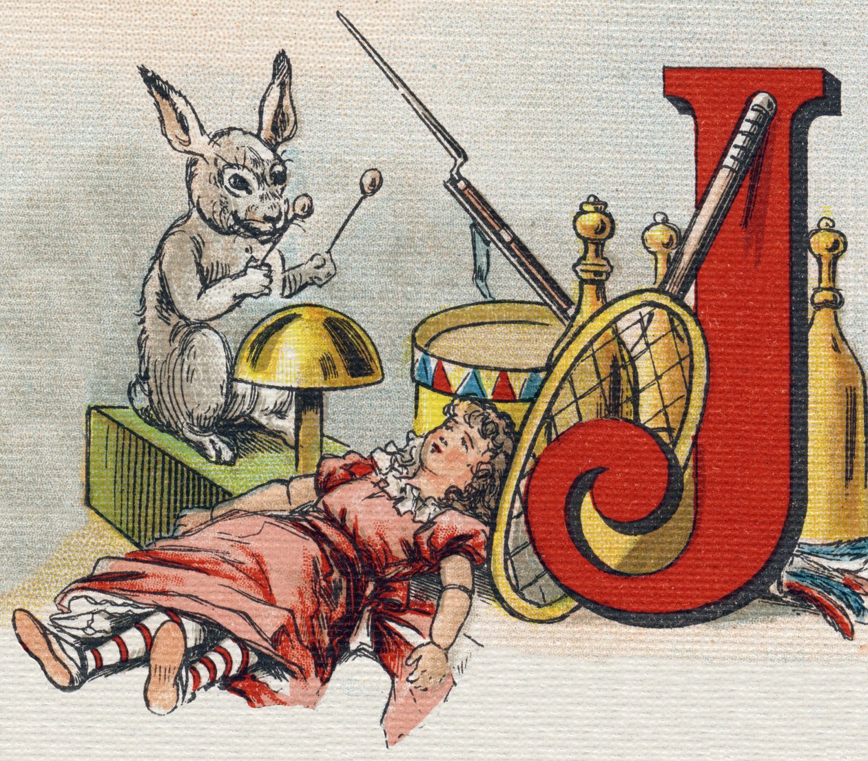 Bogstav J: legetøj. Indgravering i "Alphabet de ma petite fille". Bernardin-Bechet og Fils, boghandler-forlag, Paris, omkring 1895. Ubrydeligt album på lærred. Bibliotheque des Bebes. 12 sider. Album indeholdende en læsemetode og et illustrativt abecedariu af Unbekannt