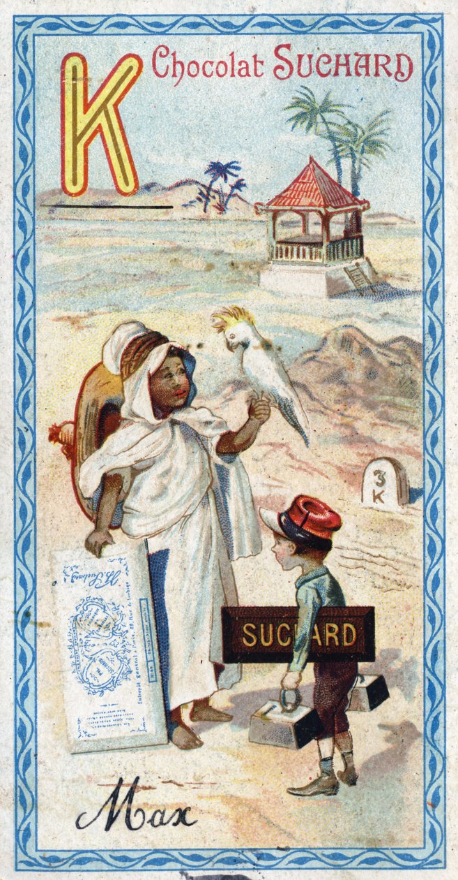 Bogstav K: kabyle, kepi, kilogram, kakatoes, kiosk, kilometer. Indgravering af alfabetet redigeret af Chocolat Suchard, begyndelsen af det 20. århundrede. 24 kromolitografier, der repræsenterer steder, karakterer og genstande, der skal opdages i billedet.  af Unbekannt