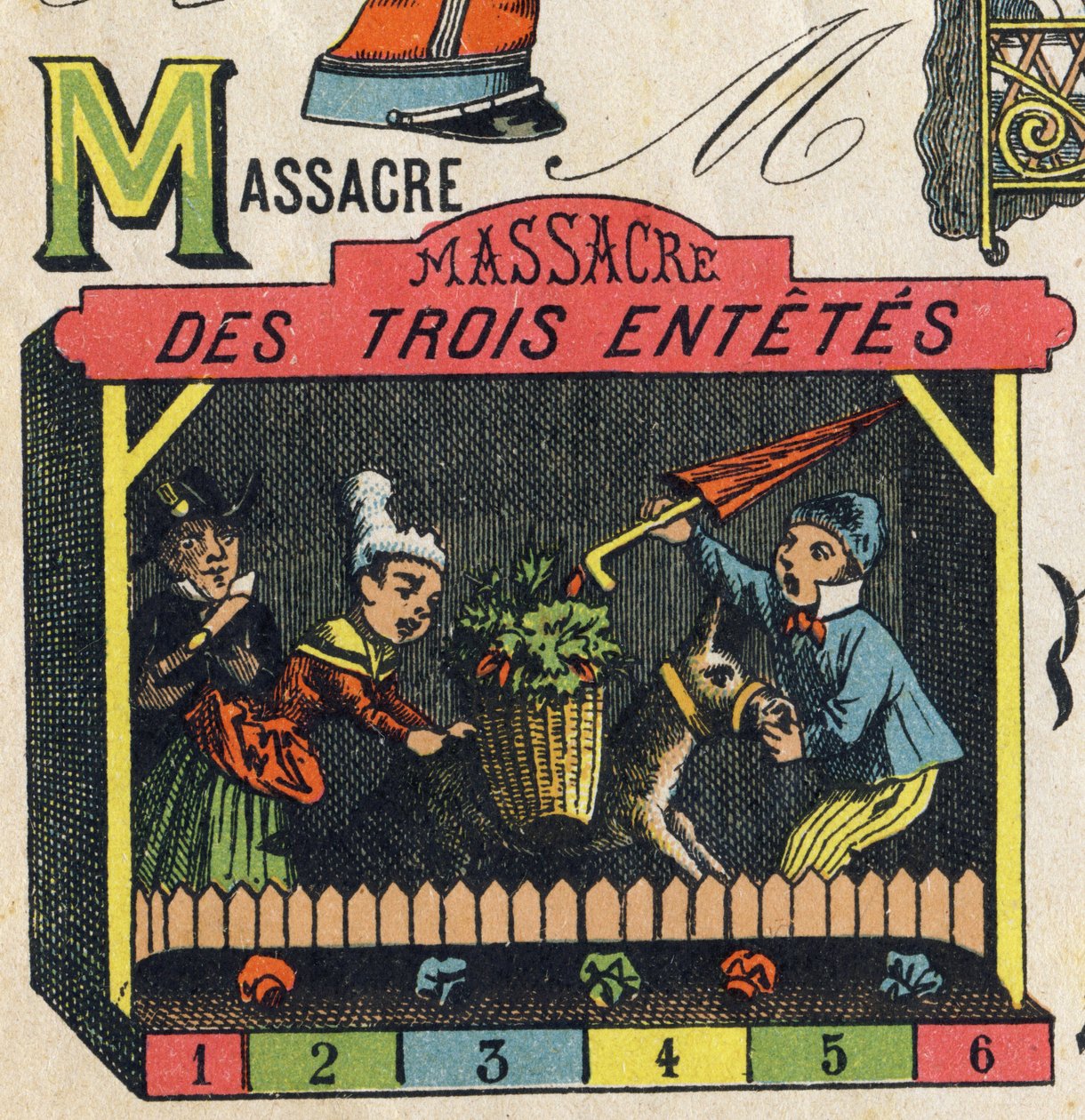 Bogstav M . Indgravering i "ABC Toys". Epinal billeddannelse i kromolitografi, ca. 1890. Lille hæfte på 8 sider. Mål: 195x135mm, beregnet til at modtage en annonce i 4. omslag. Bruges derhjemme, det tilbyder en berømt abecedary og en lille læsemetode. af Unbekannt