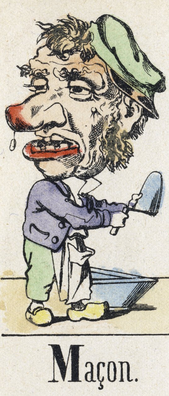 Bogstav M: Macon. Alfabet af den østlige fortælling. Billeddannelse af Epinal, omkring 1890. Populær serie. Lille hæfte på 8 sider. Mål: 205x150mm. Stencilerede træstik med temaet metier af Unbekannt