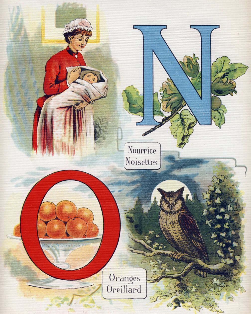 Bogstav N og O: sygeplejerske, hasselnød, appelsiner og øre. Indgravering i "ABC L