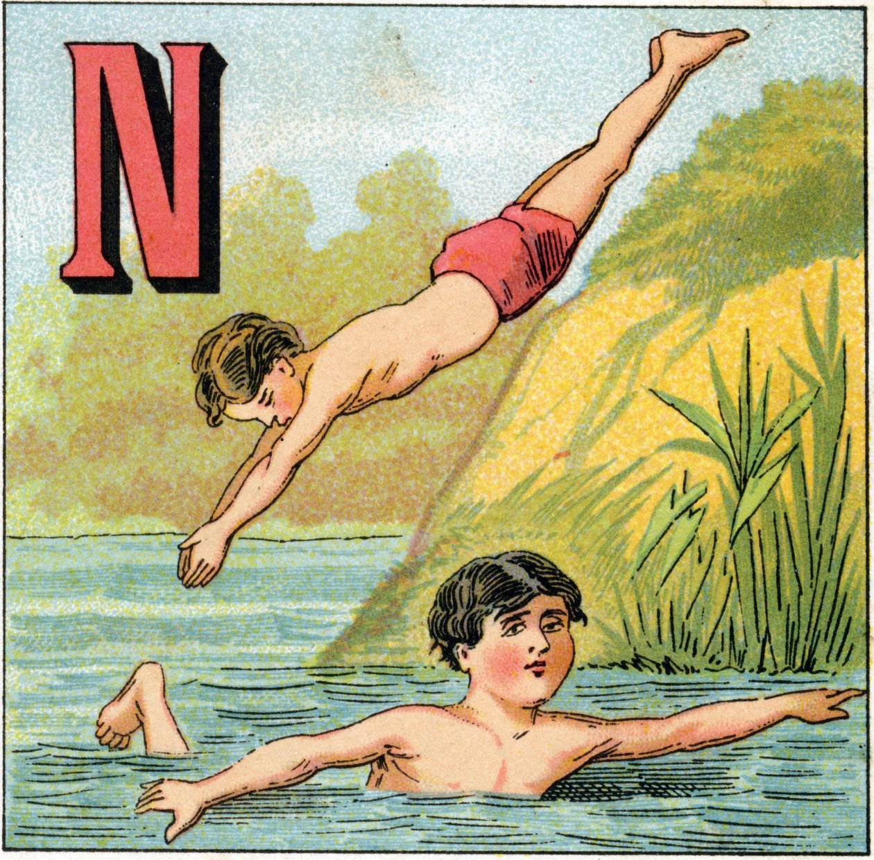 Bogstav N til svømning. Indgravering i "Alphabet des petits ecoliers". Billeddannelse af Epinal, ca. 1885. Privee Collection af Unbekannt