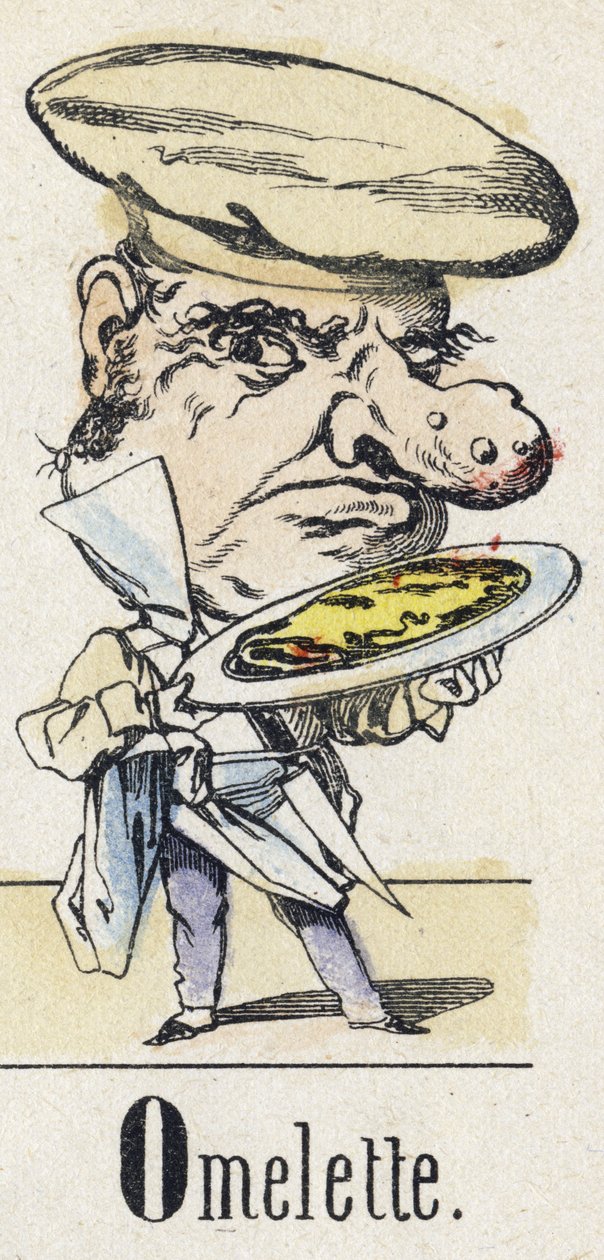 Bogstav O: Omelet. Alfabet af den østlige fortælling. Billeddannelse af Epinal, omkring 1890. Populær serie. Lille hæfte på 8 sider. Mål: 205x150mm. Stencilerede træstik med temaet metier af Unbekannt