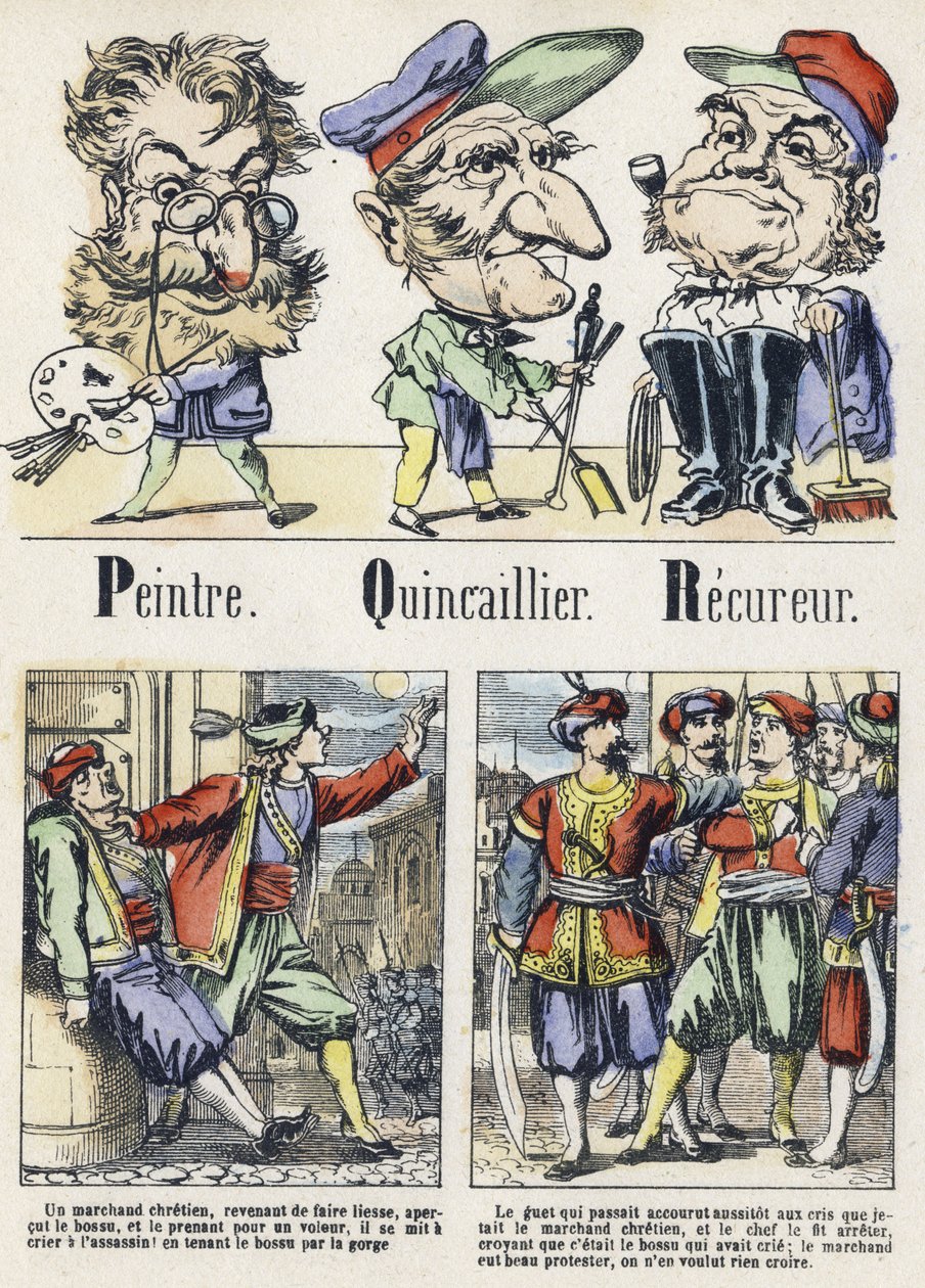 Bogstaver P, Q og R: Maler, Hardware og Recoverer. Alfabet af den østlige fortælling. Billeddannelse af Epinal, omkring 1890. Populær serie. Lille hæfte på 8 sider. Mål: 205x150mm. Stencilerede træstik med temaet metier af Unbekannt