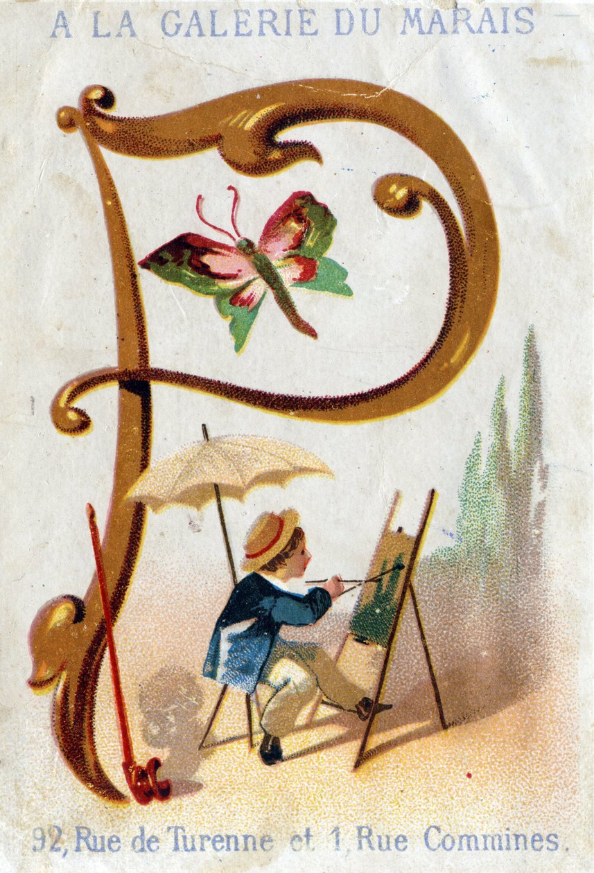 Bogstav P: maler, sommerfugl, parasol, pibe. Alphabet Art Nouveau: Serie af 25 reklamekromolitografier. Litografi af Alfred Clarey, slutningen af det 19. århundrede. Mål 115x75mm af Unbekannter Künstler