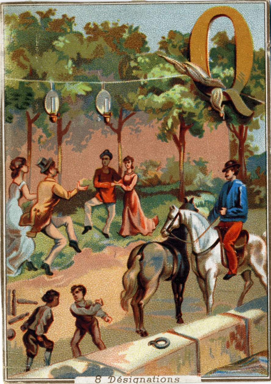 Bogstav Q: kvadrille; skændes; bowling; Cattail; quinquets; fire; kaj. Alfabet . I hvert billede er der en række berømte ord, hvis gengivelser er iscenesat. Chromolithography of Parisian Lithography, circa 1890. Dim: 10,7x7,5cm . af Unbekannt