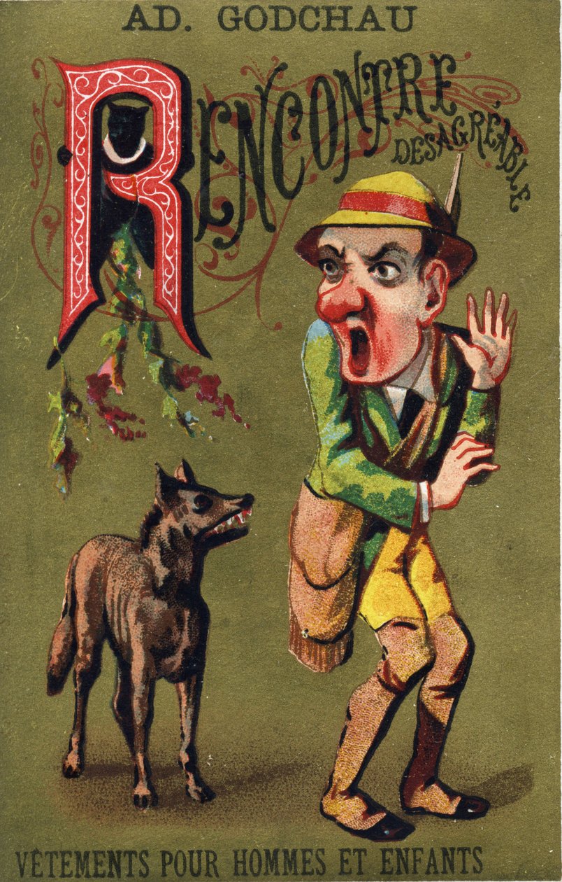 Bogstav R: Ubehageligt møde. Indgravering i "Alphabet des grotesques". Serie af 25 reklamekromolitografier på en dore baggrund, slutningen af det 19. århundrede. Mål: 11x7 cm af Unbekannt
