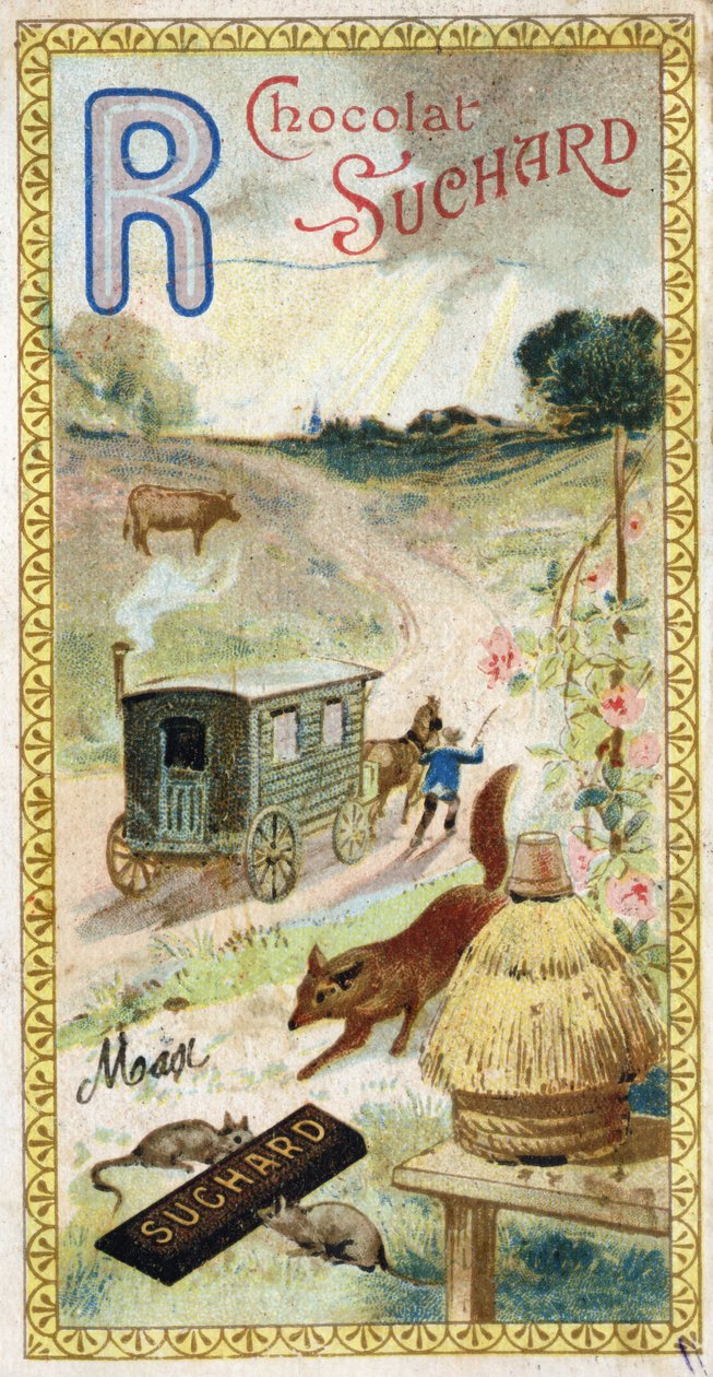 Bogstav R: rokker, drøvtygger, trailer, bikube, ræv, rotter, rose. Indgravering af alfabetet redigeret af Chocolat Suchard, begyndelsen af det 20. århundrede. 24 kromolitografier, der repræsenterer steder, karakterer og genstande, der skal opdages i billed af Unbekannt