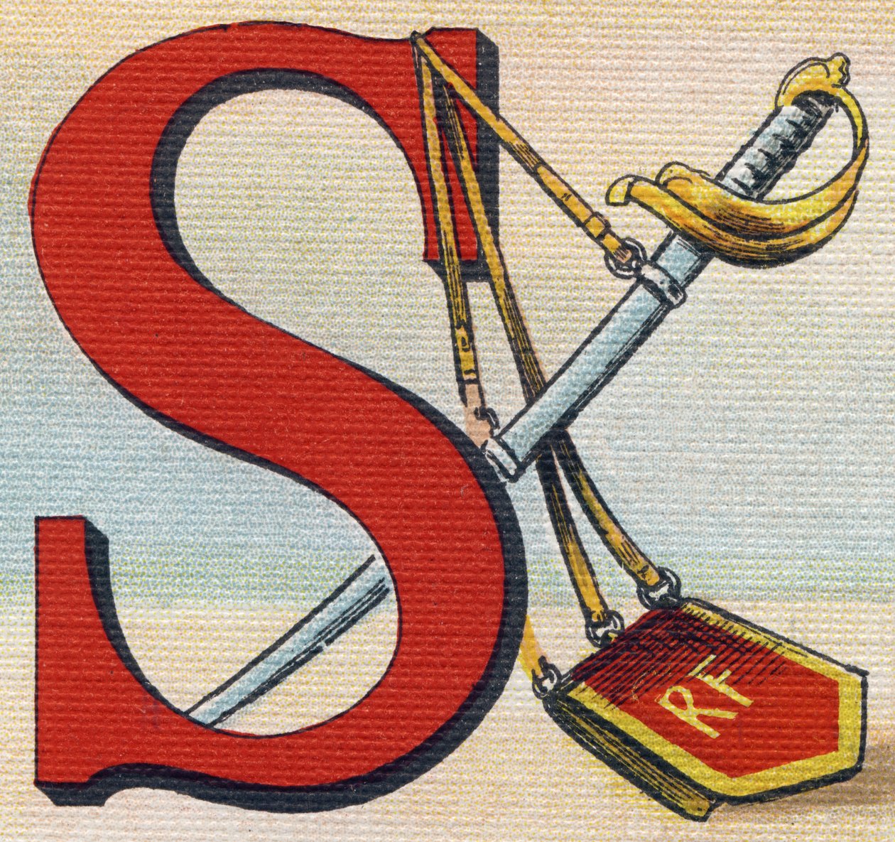 Bogstav S: Sabel. Indgravering i "Alphabet de ma petite fille". Bernardin-Bechet og Fils, boghandler-forlag, Paris, omkring 1895. Ubrydeligt album på lærred. Bibliotheque des Bebes. 12 sider. Album indeholdende en læsemetode og en illustrativ abecedar af Unbekannt