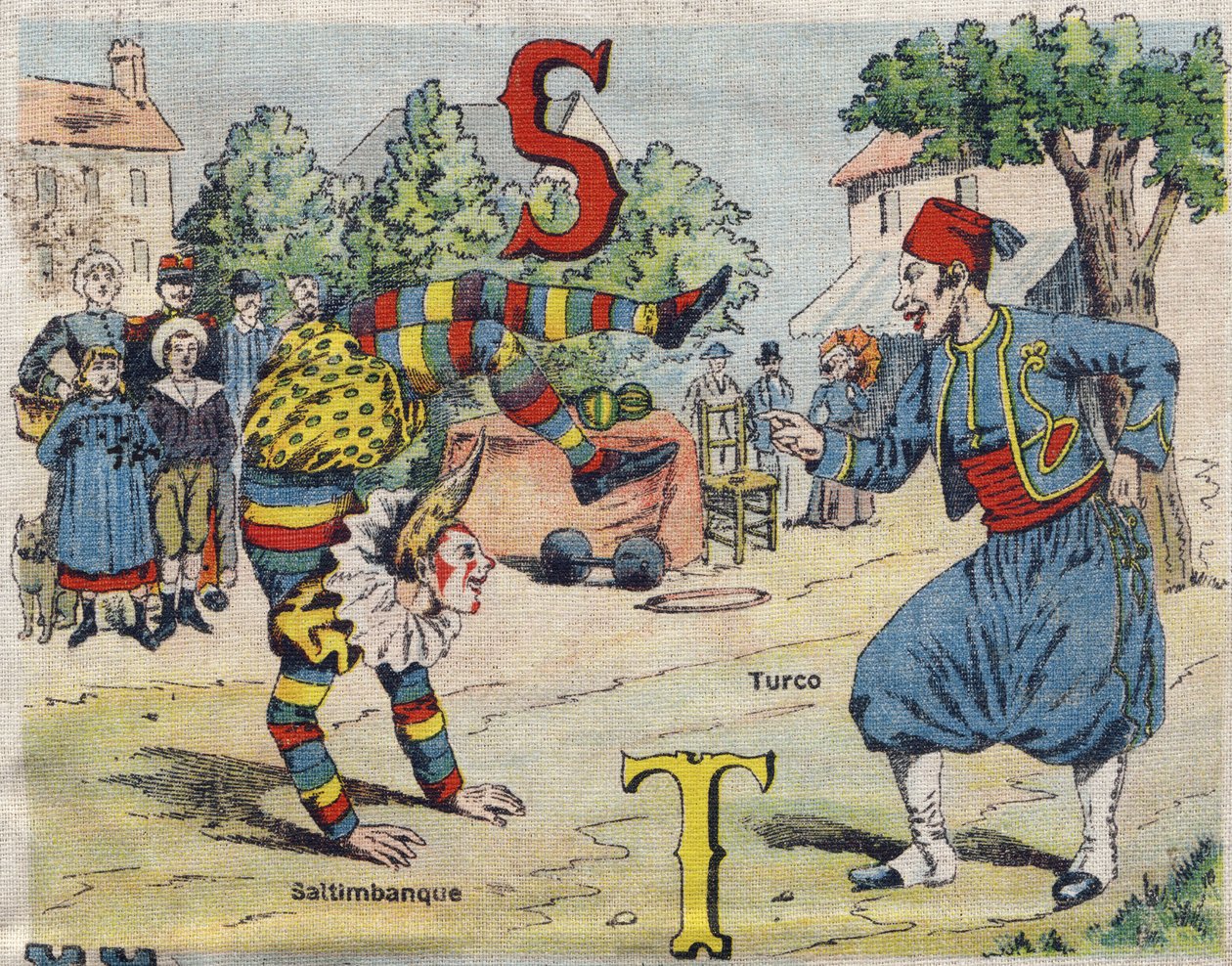 Bogstav S og T: Saltimbanque og Turco . Drolatic album. Serie nummer 4 i Albums-chromo på lærred. Kromolitografier på væv. Billeddannelse af Marcel Vagne, Jarville-Nancy, begyndelsen af det 20. århundrede. Mål: 25x17,5 cm af Unbekannt