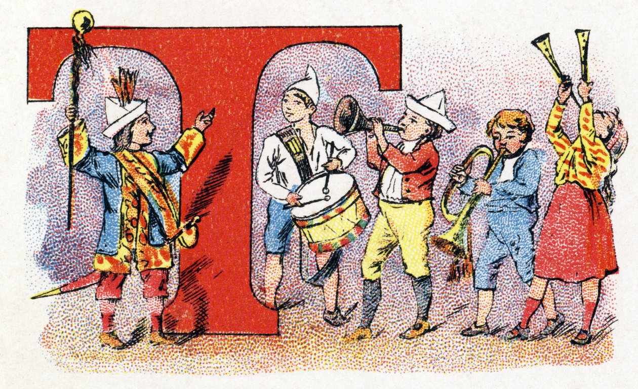 Bogstav T: Trompetromme. Alfabet af Phosphatine Falieres. Gravering. Brevete alfabet S.G.D.G. af apoteker Pierre Emile Falieres. Illustrationer i kromolitografi, slutningen af 1800-tallet. 16 sider. Mål: 103x154mm af Unbekannt