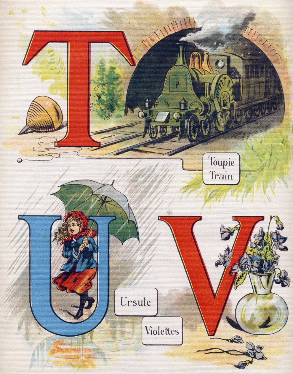 Bogstaver T, U og V: top, tog, ursula og violet. Indgravering i "ABC L