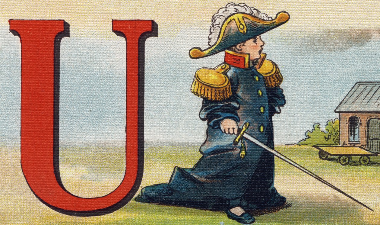Bogstav U: uniform. Indgravering i "Alphabet de ma petite fille". Bernardin-Bechet og Fils, boghandler-forlag, Paris, omkring 1895. Ubrydeligt album på lærred. Bibliotheque des Bebes. 12 sider. Album indeholdende en læsemetode og en illustrativ abeced af Unbekannt