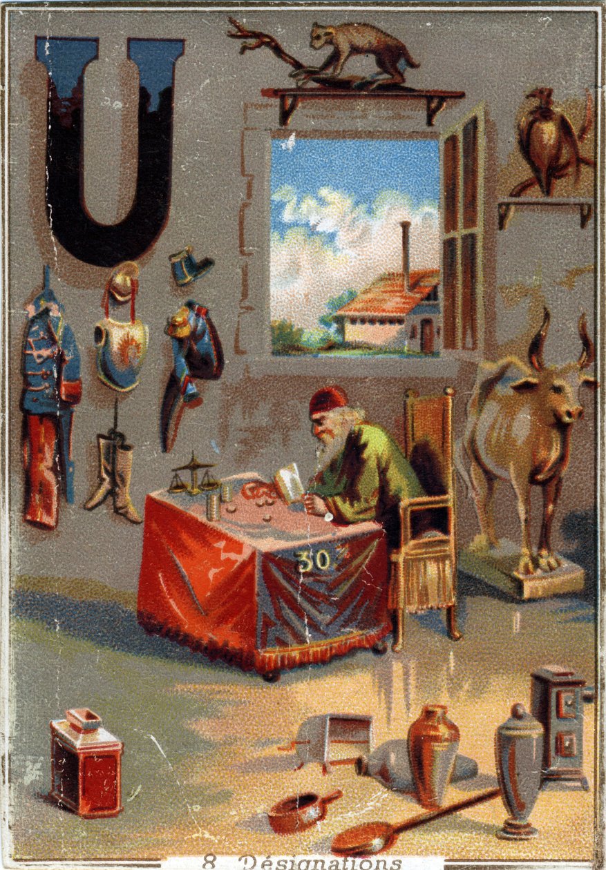 Bogstav U: uniformer; urne; urus; urubu; lån skarpere; redskaber; fabrik. Alfabet . I hvert billede er der en række berømte ord, hvis gengivelser er iscenesat. Chromolithography of Parisian Lithography, circa 1890. Dim: 10,7x7,5cm . af Unbekannt