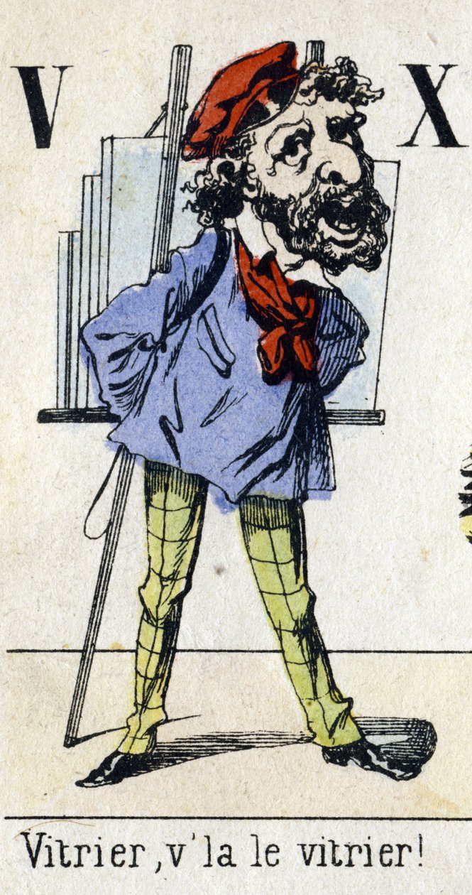 Bogstav V og X: "Glarmester, glarmester!" Alfabetet "Børnesjov". Billeddannelse af Epinal, ca. 1890. Populær serie. Lille hæfte på 8 sider. Stencilerede træstik med temaet små gademetier og Paris-råbene af Unbekannt