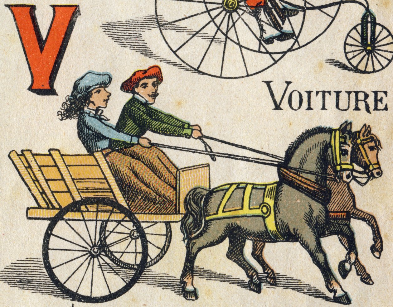 Bogstav V for bil. Indgravering i "ABC Toys". Epinal billeddannelse i kromolitografi, ca. 1890. Lille hæfte på 8 sider. Mål: 195x135mm, beregnet til at modtage en annonce i 4. omslag. Bruges derhjemme, det tilbyder en berømt abecedary og en lille læse mig af Unbekannt