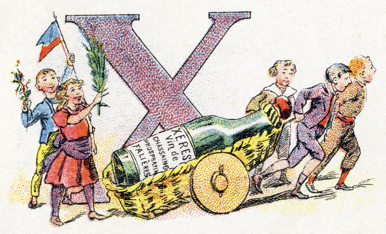 Bogstav X: Xeres. Alfabet af Phosphatine Falieres. Gravering. Brevete alfabet S.G.D.G. af apoteker Pierre Emile Falieres. Illustrationer i kromolitografi, slutningen af 1800-tallet. 16 sider. Mål: 103x154mm af Unbekannt