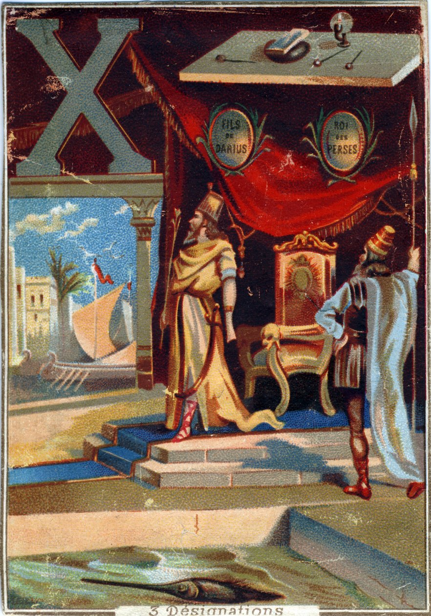 Bogstav X: Xerxes I ; xylografi; xiphias . Alfabet . I hvert billede er der en række berømte ord, hvis gengivelser er iscenesat. Chromolithography of Parisian Lithography, circa 1890. Dim: 10,7x7,5cm . af Unbekannt
