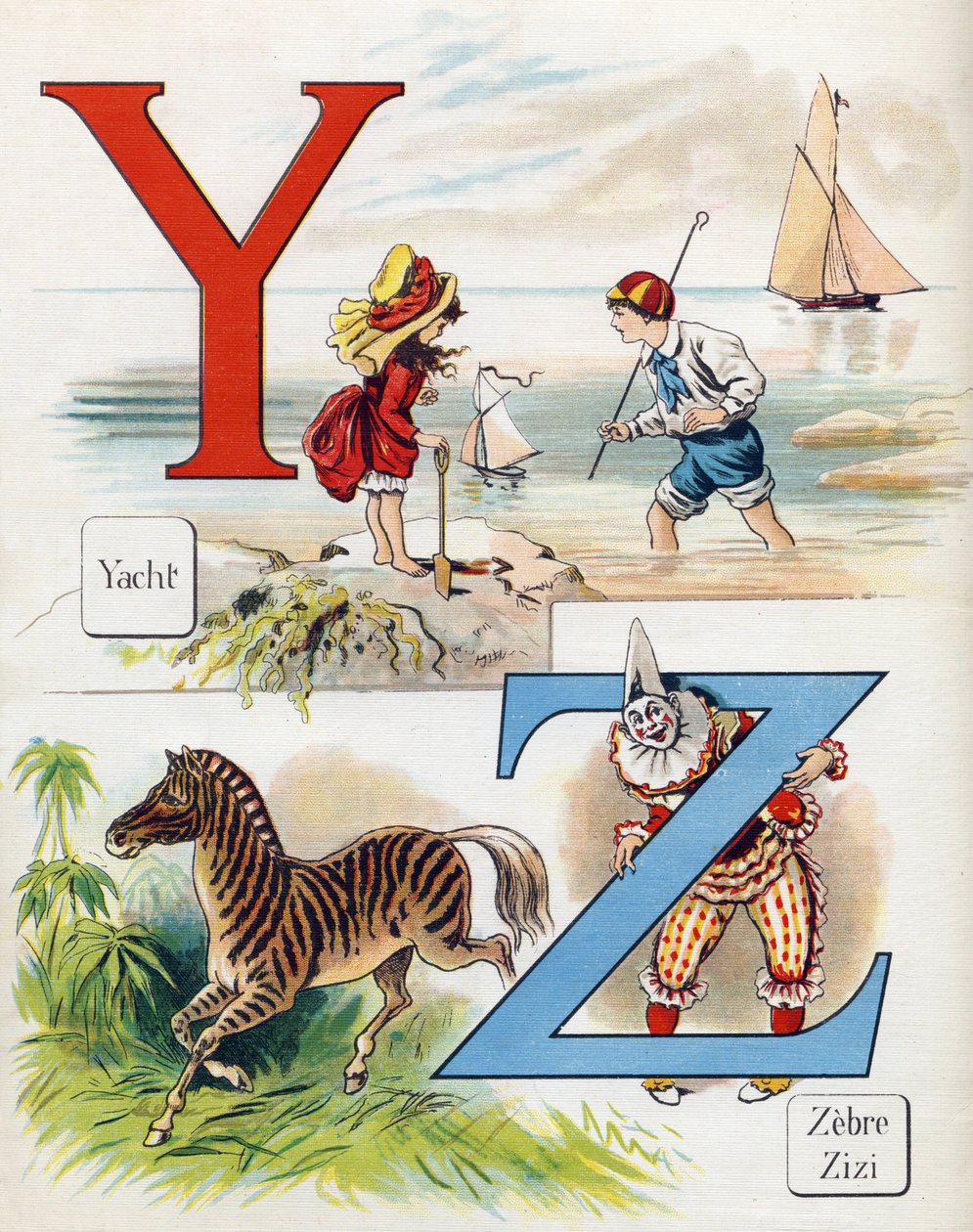 Bogstav Y og Z: Yatch, zebra og klovnen Zizi. Indgravering i "ABC L