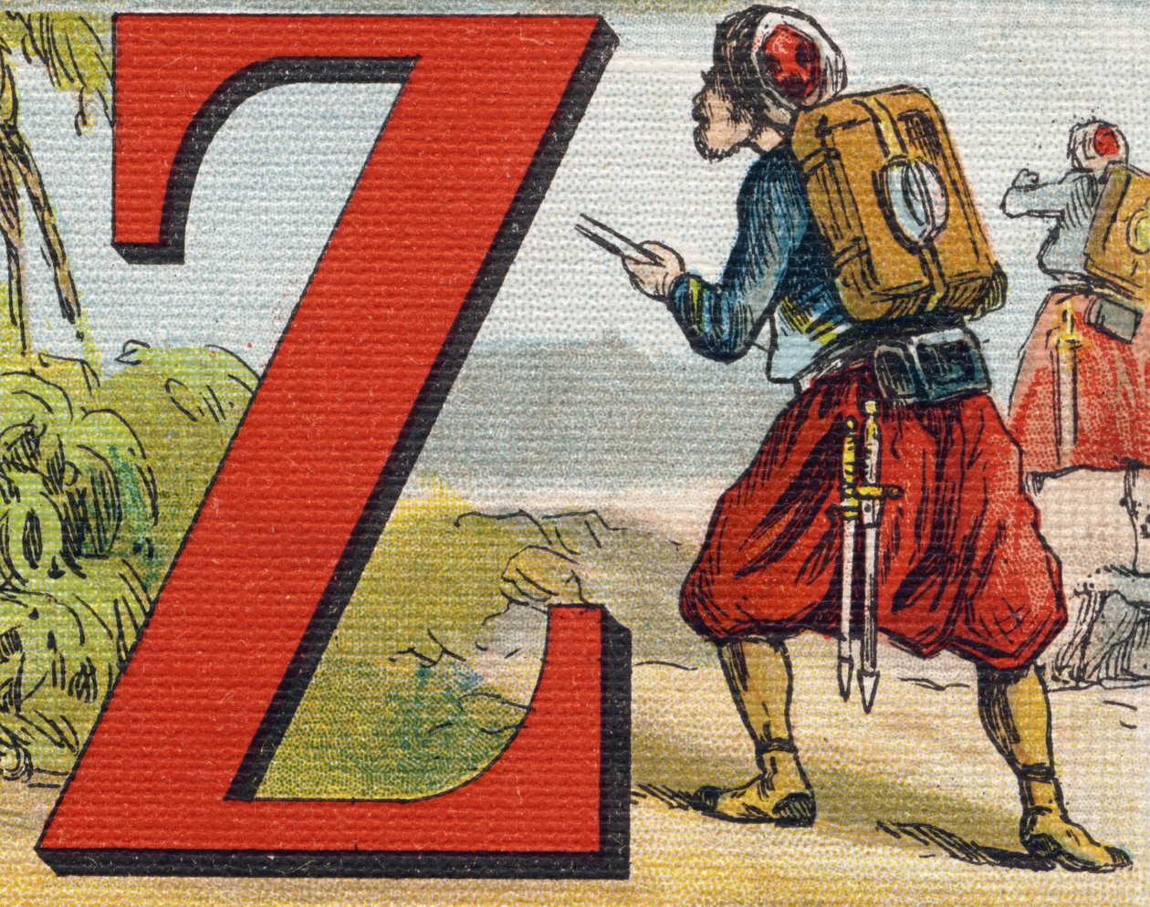 Bogstav Z: Zouave. Indgravering i "Alphabet de ma petite fille". Bernardin-Bechet og Fils, boghandler-forlag, Paris, omkring 1895. Ubrydeligt album på lærred. Bibliotheque des Bebes. 12 sider. Album indeholdende en læsemetode og en illustrativ abeceda af Unbekannt
