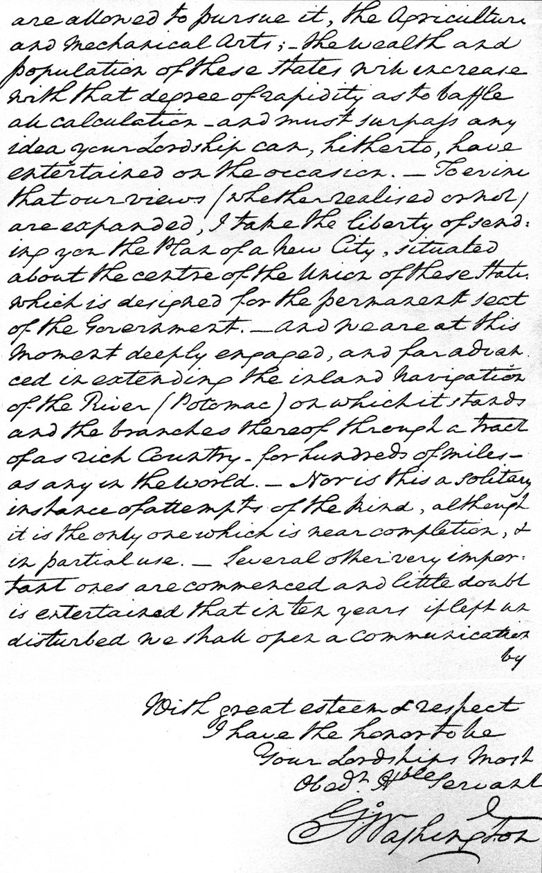 Brev fra George Washington til jarlen af Buchan, der angiver principperne for fremtidig amerikansk udenrigspolitik, herunder fred, universel venskab og undgåelse af involvering i europæisk politik og sender også planerne for, at den nye hovedstad skal bygg af Unbekannt