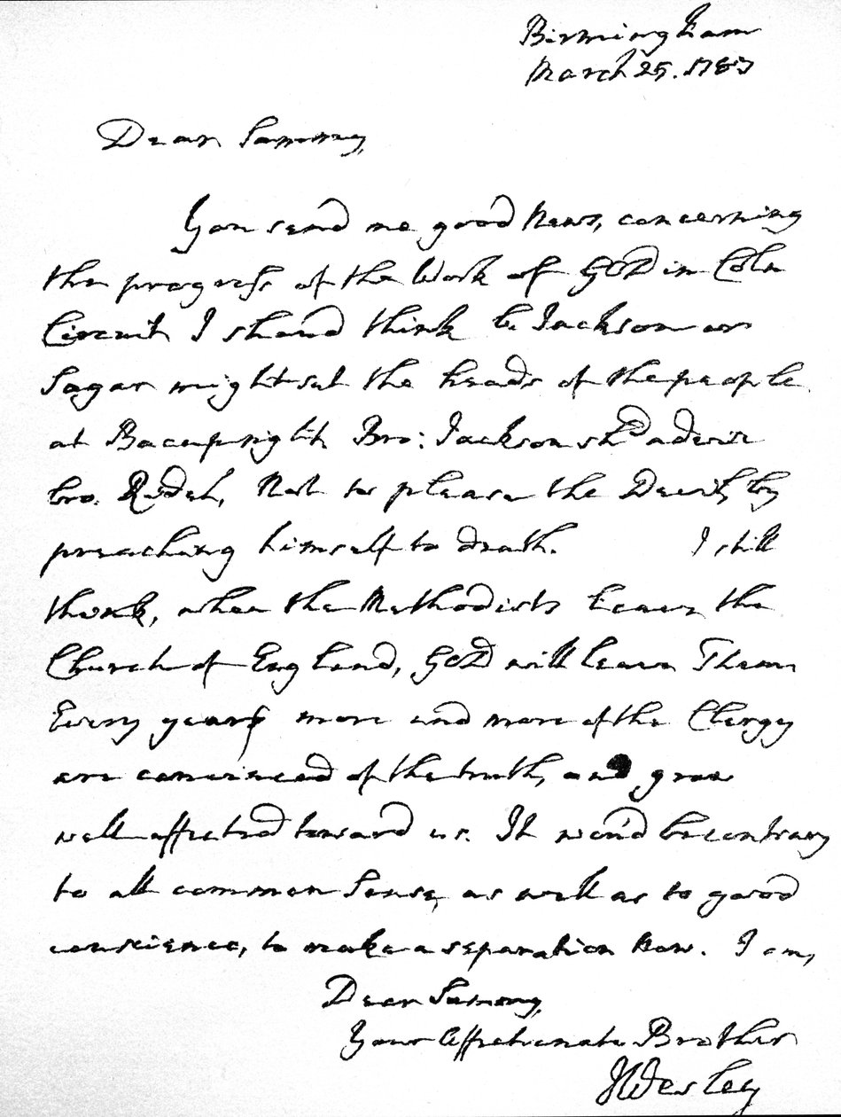 Brev fra John Wesley til Samuel Bradburn, der udtrykker sin stærke mening om, at metodisterne ikke burde forlade Church of England. skrevet i Birmingham den 25. marts af Unbekannt