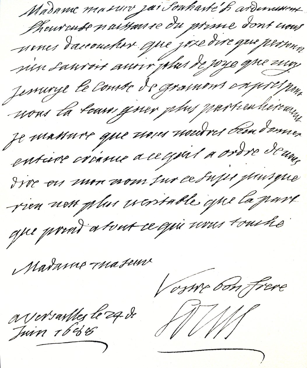 Brev fra Ludvig XIV til Maria af Modena, der lykønsker hende med fødslen af en prins, James Edward, Prince of Wales af Unbekannt