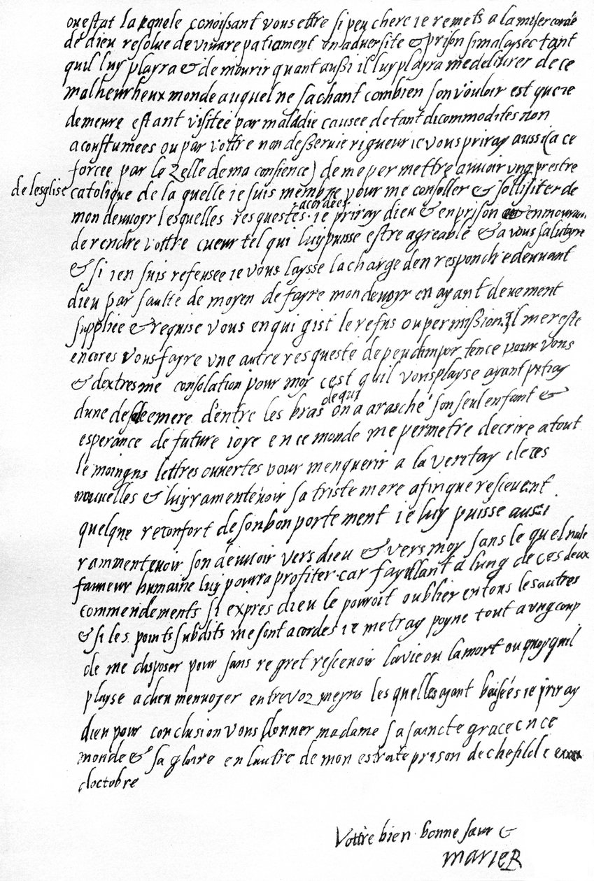 Brev fra Mary Queen of Scots, mens hun var i fængslet i Sheffield, til dronning Elizabeth I af England, hvor hun bad om at få lov til at konferere med en af hendes franske tjenere, for at få trøsten at blive tilladt en katolsk præst og for at kunne korresp af Unbekannt
