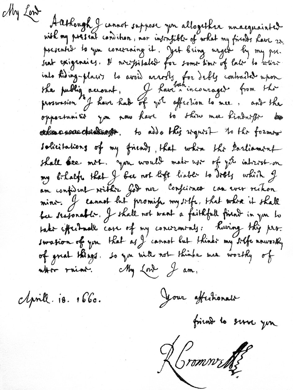Brev fra Richard Cromwell til George Monck, der rapporterer, at hans 
