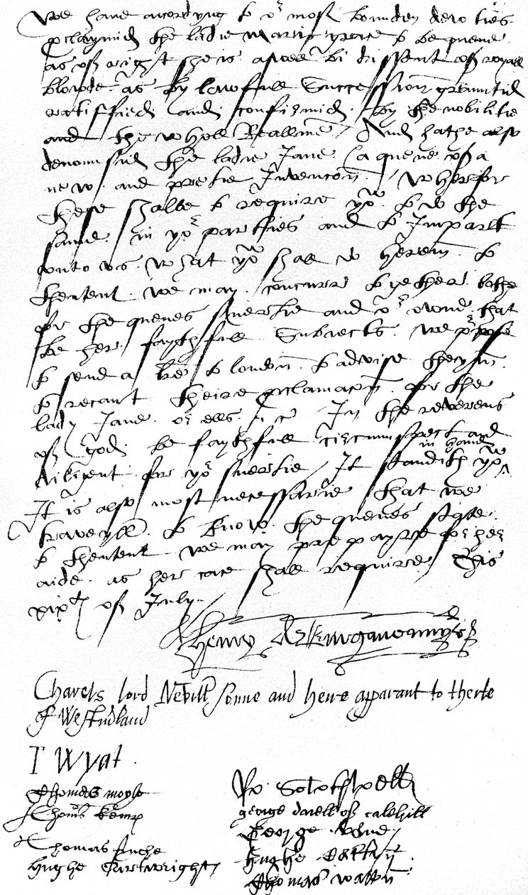 Brev fra tilhængere af dronning Mary I i Kent til Sir Nicholas Pelham og herrerne fra Sussex, der annoncerer proklamationen af Lady Mary som dronning og fordømmer Lady Jane Gray af Unbekannt