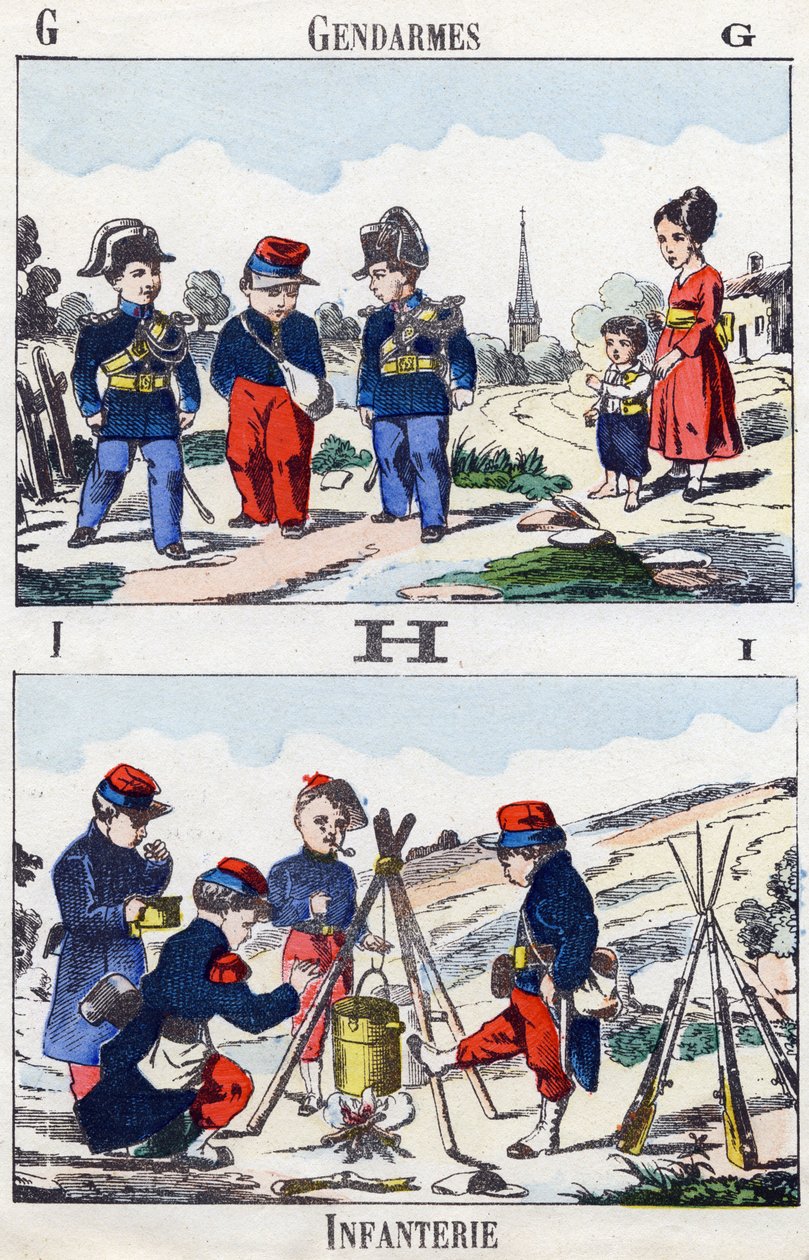 Bogstaver G H I: Gendarmer og infanteri. Indgravering i "Alphabet militaire enfantin"". Billedsprog af Pont-a-Mousson, ca. 1890. 20 sider. Mål: 28,5 x 21 cm af Unbekannt