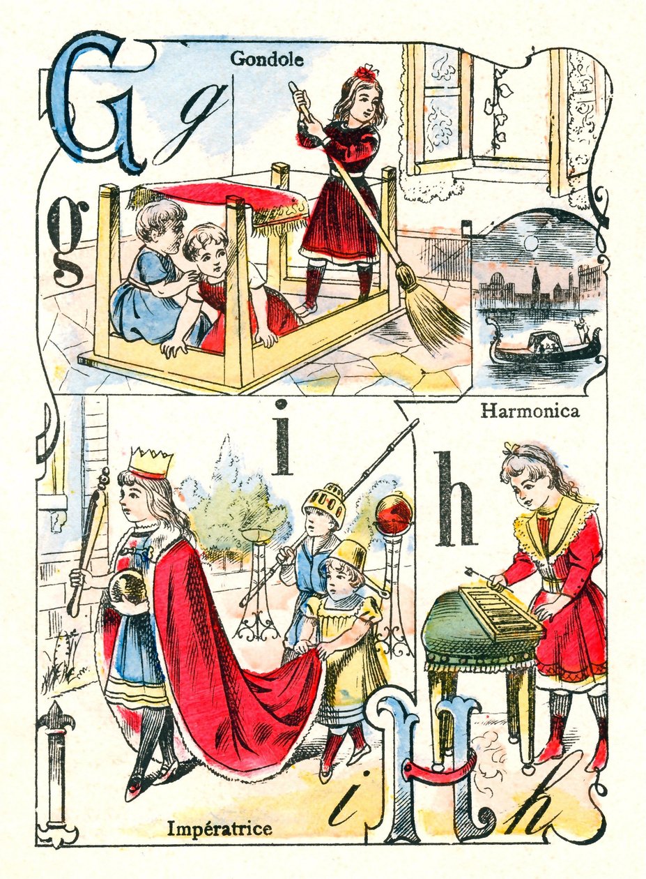 Bogstaverne G, I og H. Børn spiller gondol, imperatrice og mundharmonika. Indgravering i "Sjove alfabet". Billeddannelse af Pont-a-Mousson. Trykning og udgivelse Louis Vagne, slutningen af 1800-tallet af Unbekannt