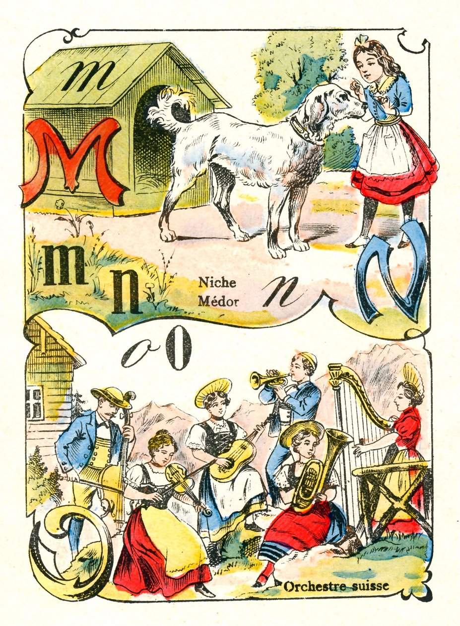 Bogstaverne M N og O som Medor, Niche og Swiss Orchestra. Indgravering i "Sjove alfabet". Billeddannelse af Pont-a-Mousson. Trykning og udgivelse Louis Vagne, slutningen af 1800-tallet af Unbekannt