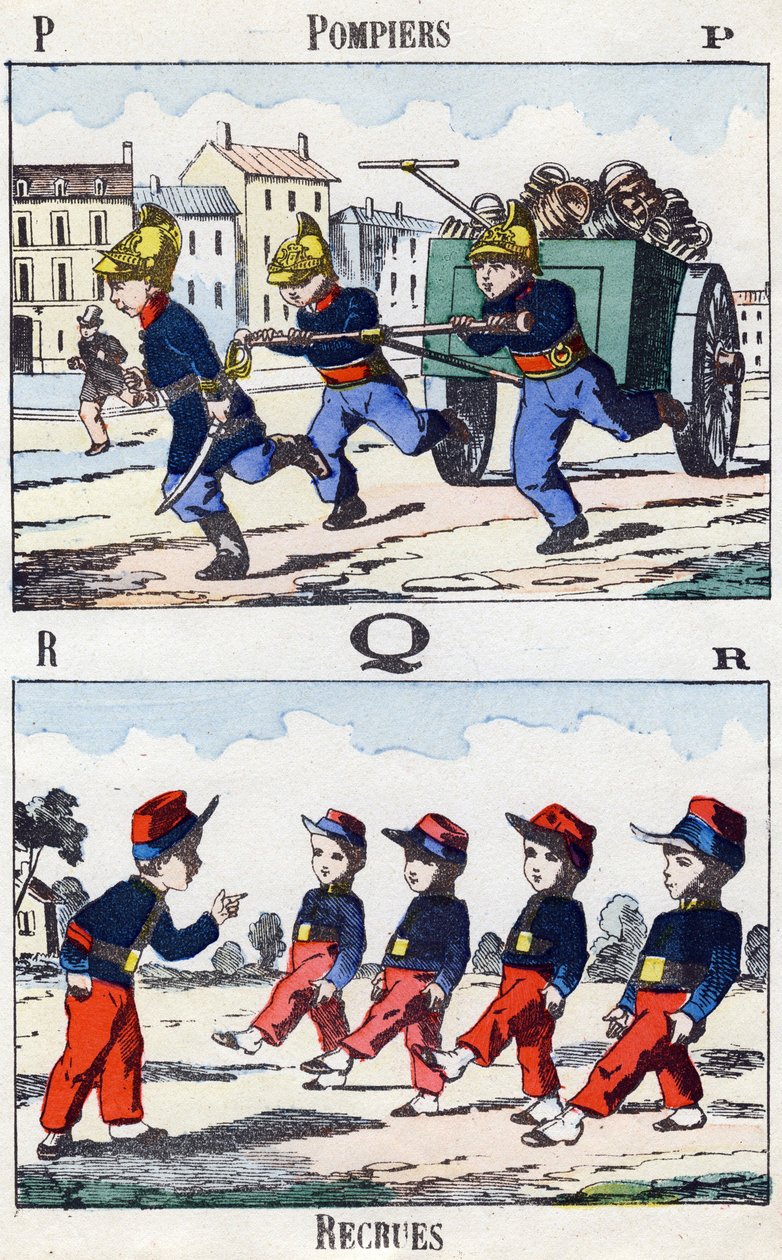 Bogstaver P Q R: Brandmænd og rekrutter. Indgravering i "Alphabet militaire enfantin"". Billedsprog af Pont-a-Mousson, ca. 1890. 20 sider. Mål: 28,5 x 21 cm af Unbekannt