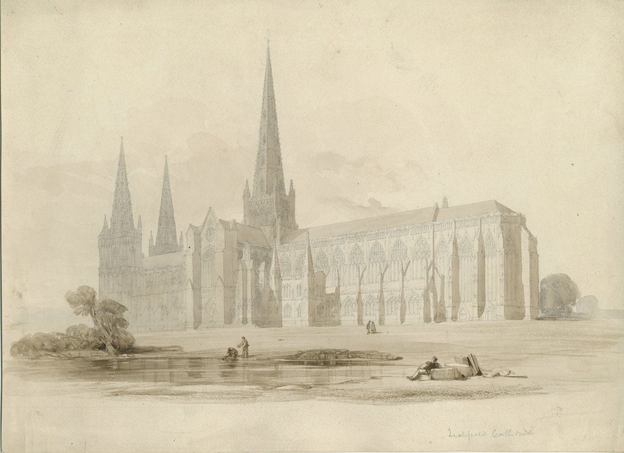 Lichfield Cathedral - South East View: tegning og vask, nd [?19th cent] af Unbekannt