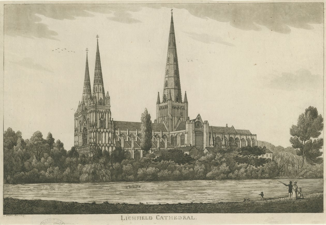 Lichfield Cathedral - South View: akvatintegravering, nd [c 1820-1830] af Unbekannt