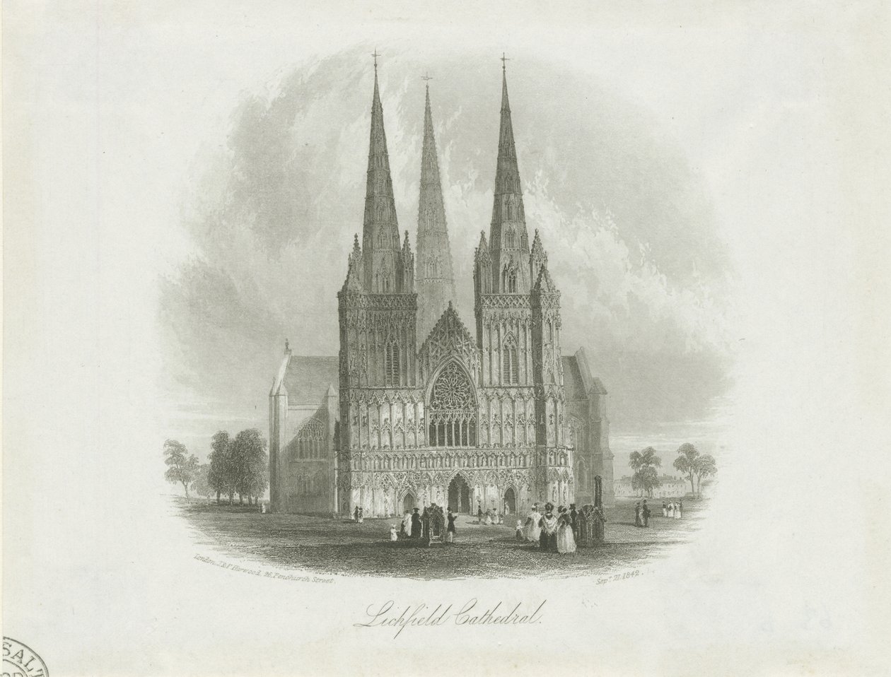 Lichfield Cathedral - Vestfronten: stålgravering, nd [c 1842] af Unbekannt