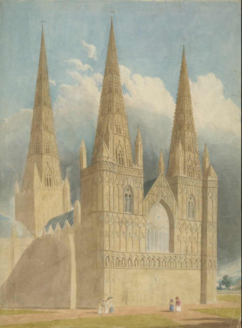 Lichfield Cathedral - West Front: akvarelmaleri, og [c 1840] af Unbekannt