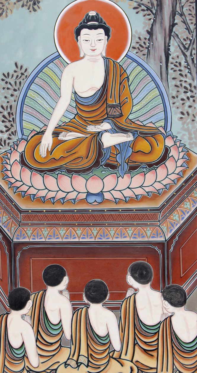 Buddhas liv Som Buddha, en vågnet, vendte han tilbage for at lære sine fem medudøvere den ædle sandhed om utilfredsstillelse, den ædle sandhed om årsagen (trang), den ædle sandhed om ophør og den ædle 8-foldige vej, der fører til ophøret af Unbekannt