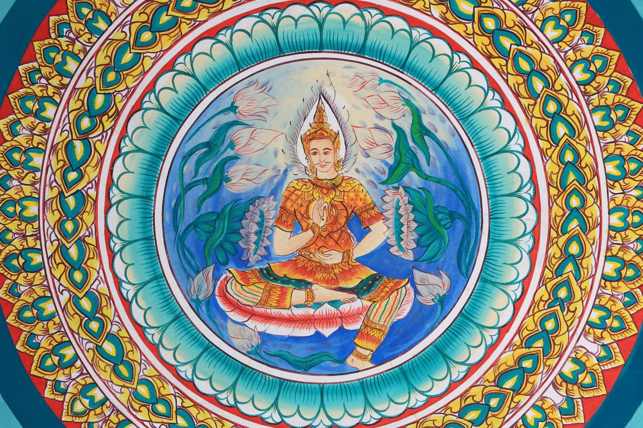 Buddhas liv. Loftskunst, der skildrer Buddhas liv. Wat Inpeng. Vientiane. Laos, 20151029, Vientiane, Laos af Unbekannt