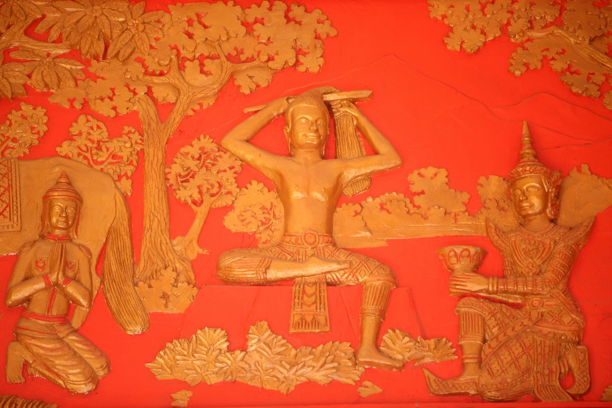 Buddhas liv. The Great Tonsure: Buddha klipper sit hår med sit sværd. Phnom Penh Cambodja af Unbekannt